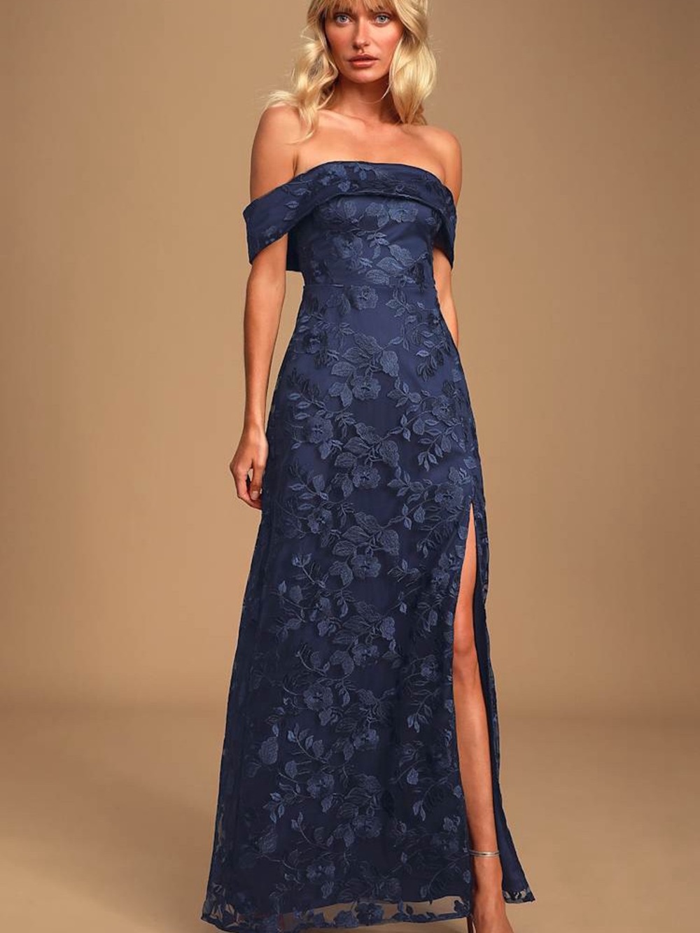 Lulu's Navy One-Shoulder Floral Lace Evening Gown